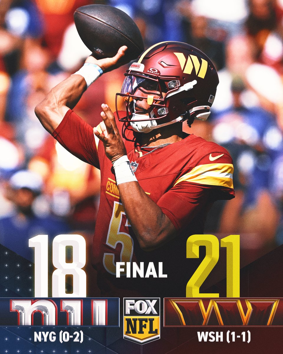 First career win for <a href="/Commanders/">Washington Commanders</a> rookie QB Jayden Daniels! 🔥