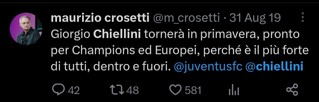 mattiamattia's tweet photo. Ve lo ripropongo: #chiellini e #crosetti.
Un mistero.
Crosetti che passa nel definirlo da: Giocatore d'altri tempi, a pericolo ambulante per poi dargli del lei e fine dargli dell'amico.
Chissà ora cosa tornerà ad essere per Crosetti. https://t.co/r3BYu8P67Y