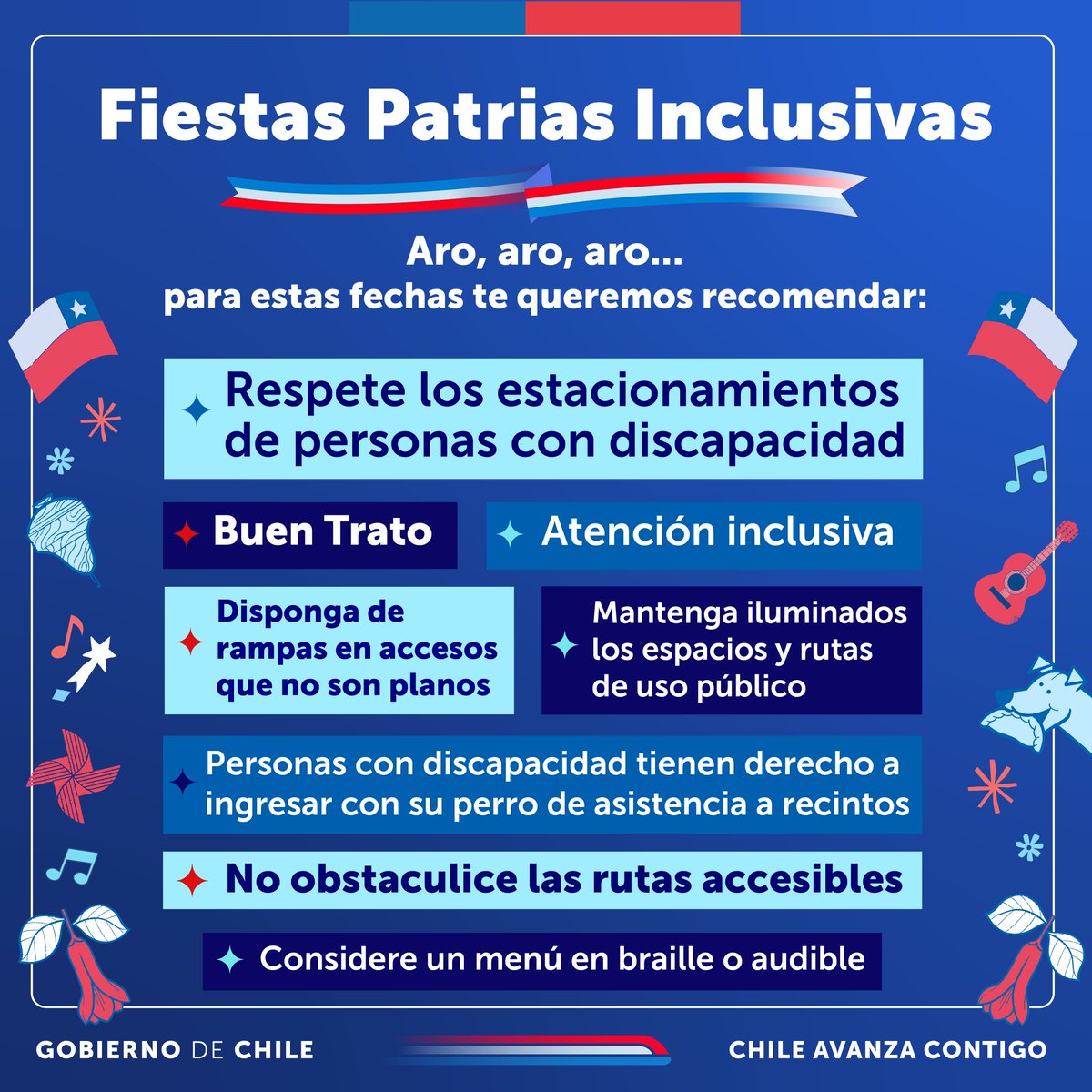 Para que esta celebración la puedan disfrutar todas las personas, presentamos las recomendaciones para unas #FiestasPatriasInclusivas.🤰👨🏻‍🦽🧏🏽🦮👨‍🦯
Conoce el detalle de las medidas inclusivas ingresando a 🔗 senadis.gob.cl
