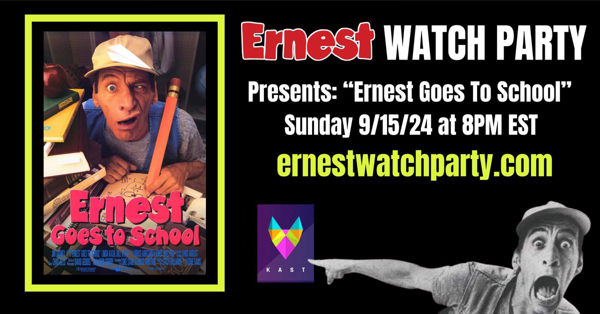 🔥🔥🔥 TONIGHT, 9/15/24 @ 8PM ET, #ErnestWatchParty Presents: “Ernest Goes To School!”

✅FREE stream
💬Group chat
🎥 Deleted scenes
🎬 Exclusive content
🥳Random giveaways

👉JOIN us at ErnestWatchParty.com

RT = 💖💖💖

#ErnestTwitter #ErnestPWorrell #JimVarney