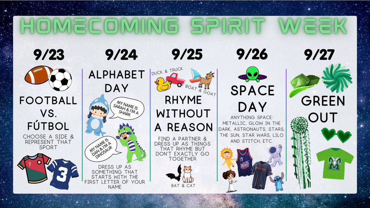 Homecoming Spirit Week starts 9/23! Start planning now!