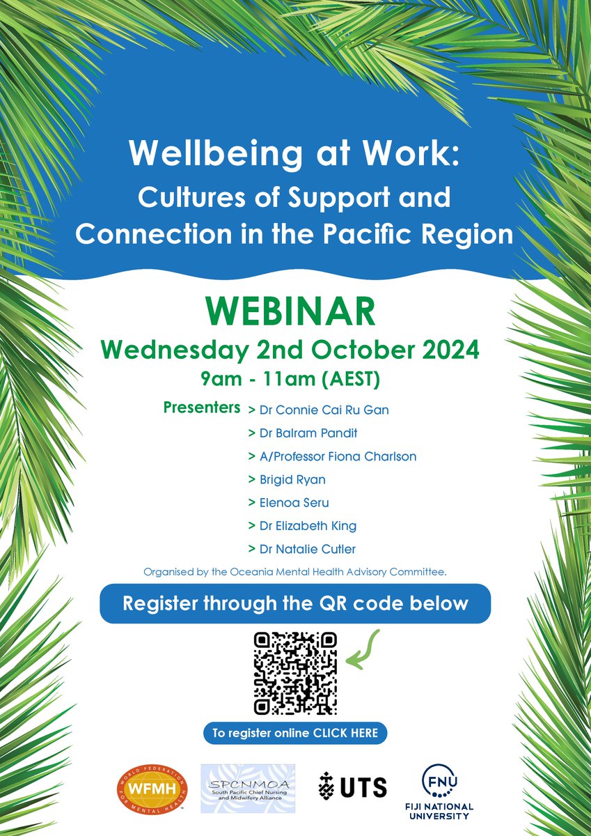 WHOCC Nursing, Midwifery & Health Development UTS (@whocc_uts) on Twitter photo The Oceania Mental Health Advisory Committee is hosting a Wellbeing at Work: Cultures of Support and Connection in the Pacific Region Webinar on Oct 2, 2024 08:30 AEST. Register via QR code or link below! <a href="/UTS_Health/">UTS Health</a> <a href="/WFMH_Official/">World Federation for Mental Health</a> <a href="/FNUFiji/">Fiji National University</a> and SPCNMOA
zoom.us/meeting/regist… The Oceania Mental Health Advisory Committee is hosting a Wellbeing at Work: Cultures of Support and Connection in the Pacific Region Webinar on Oct 2, 2024 08:30 AEST. Register via QR code or link below! <a href="/UTS_Health/">UTS Health</a> <a href="/WFMH_Official/">World Federation for Mental Health</a> <a href="/FNUFiji/">Fiji National University</a> and SPCNMOA
zoom.us/meeting/regist…