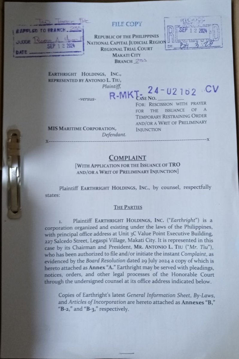 READ: Antonio Tiu’s Earthright Holdings Inc has refiled in Makati a suit vs MIS Maritime Corp seeking rescission of agreement involving sale of shares in listed Greenergy Holdings. | <a href="/tinaarceodumlao/">Tina Arceo-Dumlao</a> /PDI