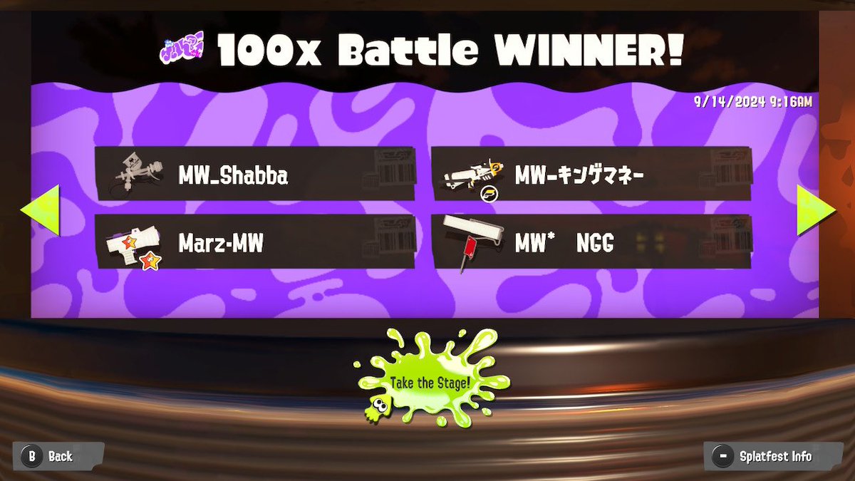Catdriggs's tweet photo. Grand Festival! 100x win with the Gang 🤞🏽@Mariojjam @summerskyangel @NGamerGal #TeamPresent #MergingWaves #Splatoon3 #Splatfest #NintendoSwitch https://t.co/a4Cs31gprG