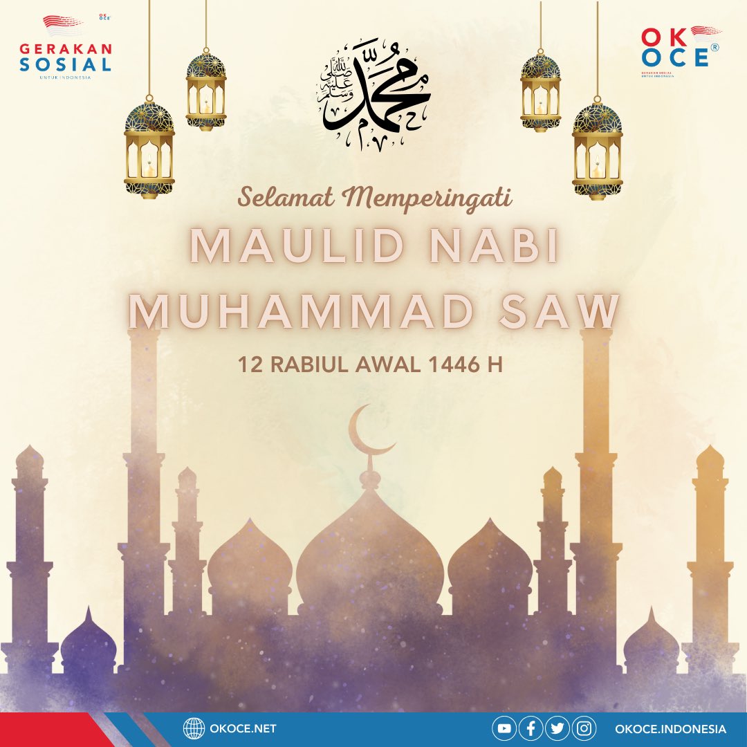 okoceindonesia's tweet photo. Selamat Memperingati Maulid Nabi 2024! Semoga semangat kasih sayang dan cinta yang diberikan oleh Nabi Muhammad SAW senantiasa menerangi jalan kita semua. Amin. https://t.co/MgGDg8yF6J