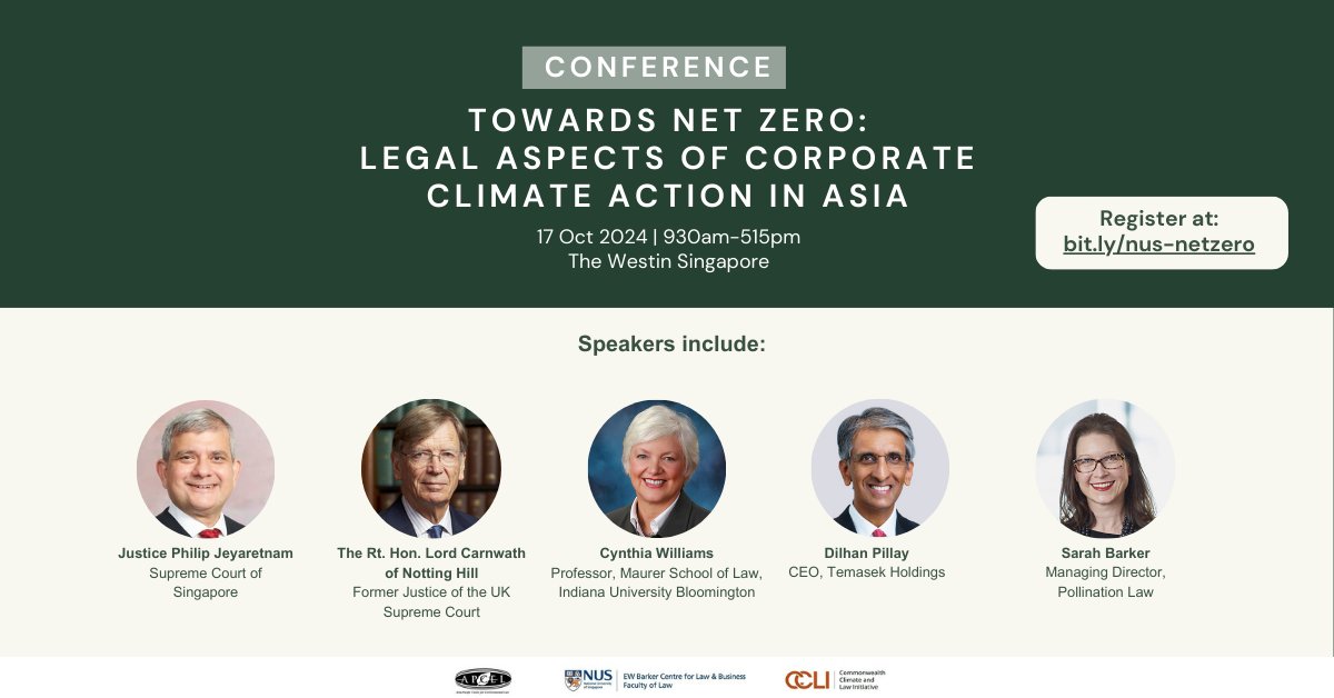 This is the first conference in Asia to bring together lawyers, judges, directors, investors, regulators and academics to examine legal issues around corporate climate action. Join us on 17 October for more insights into this. Register at bit.ly/nus-netzero by 15 October.