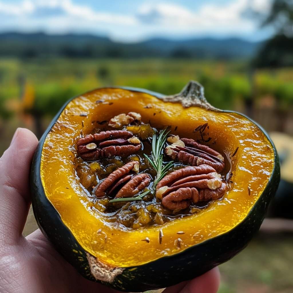 Maple Pecan Rosemary Acorn Squash 

Ingredients:
- 2 acorn squash, halved and seeded 
- 2 tbsp butter 
- 4 tbsp maple syrup (or brown sugar or honey) 
- 1 tbsp fresh rosemary, finely chopped 
- 1/4 cup toasted pecans, coarsely chopped (optional) 

Instructions:
1. Place the acorn