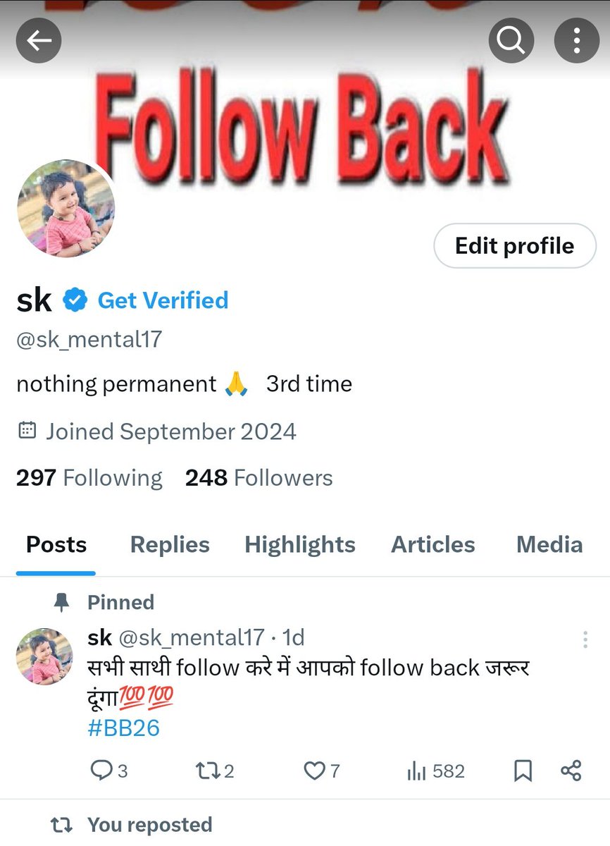 कल मेरा फॉलो बैक देने में 100%
Record था, यकीन ना हो तो कर के देखो
10 मिनट में follow back मिलेगा।
👍👍