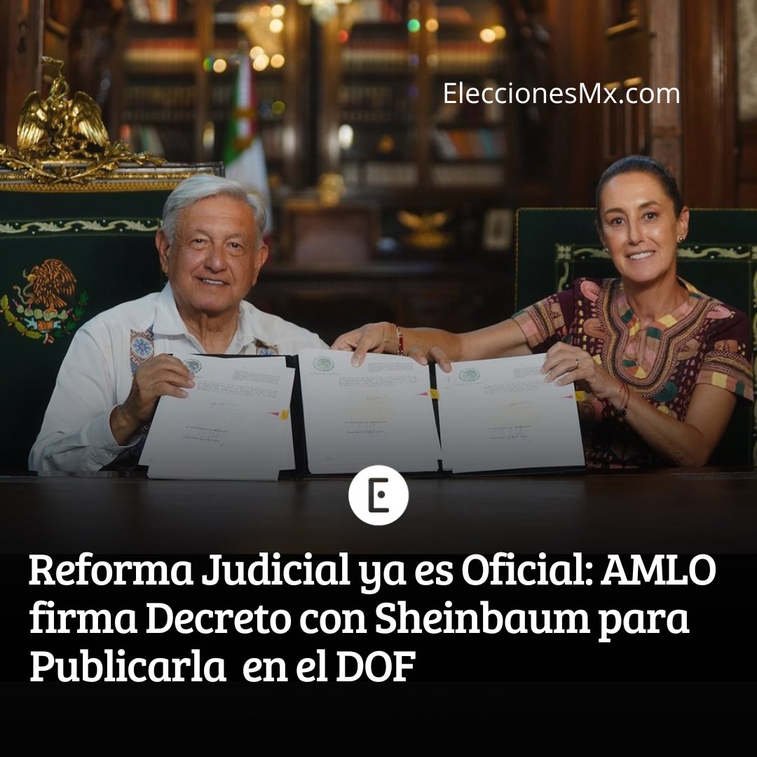 #ÚLTIMAHORA | El Presidente Andrés Manuel López Obrador, acompañado de la Presidenta electa Claudia Sheinbaum, firmó este domingo 15 de septiembre de 2024 el decreto de publicación en el Diario Oficial de la Federación (DOF) de la reforma constitucional al Poder Judicial.
