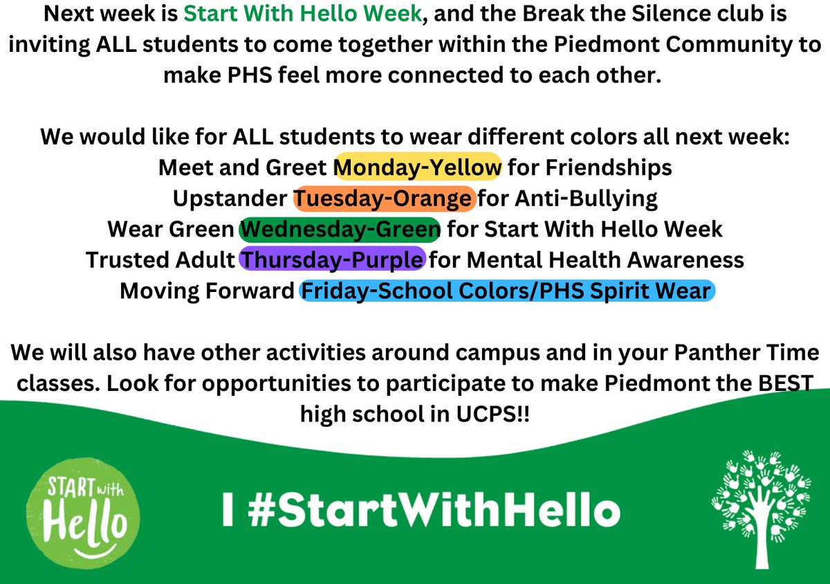 BtS_PDHS's tweet photo. Hey @PiedmontHSNC don’t forget tmw is the beginning of #StartwithHelloWeek in @UCPSNC ! Make sure you’re wearing #YellowforFriendships and say #Hello to people you don’t know! Let’s make this a great week! @DylanStamey_PHS @AGHoulihan #TeamUCPS #UMatter https://t.co/H2ceqNCRAY