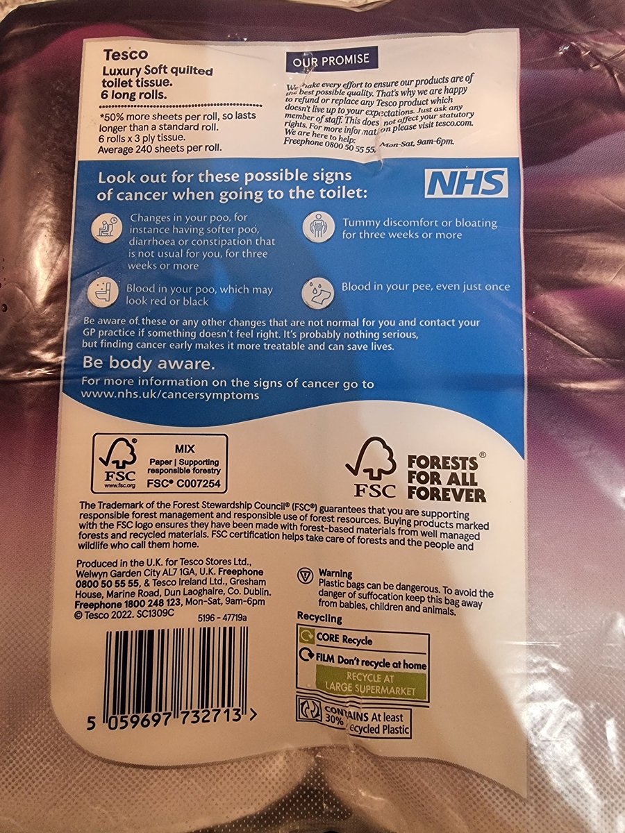 And now Tesco is partnering with NHS to promote the signs of cancer that may be spotted when you go to the toilet on its own-brand toilet paper...but why NHS and not with cancer charities? 
#CauseMarketing #OnARoll