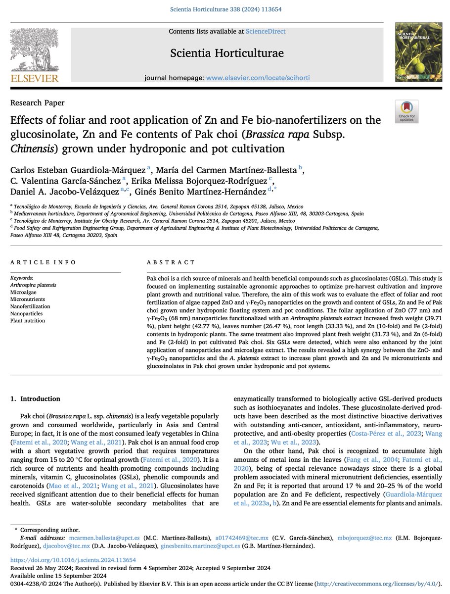 📢 New publication alert!
Our research on Zn &amp; Fe bio-nanofertilizers in Pak choi, led by my PhD student Carlos Esteban Guardiola-Márquez during his stay at Ginés Benito's lab in Spain, is now out in Scientia Horticulturae. Grateful for this collaboration. 🌱🔬

link: