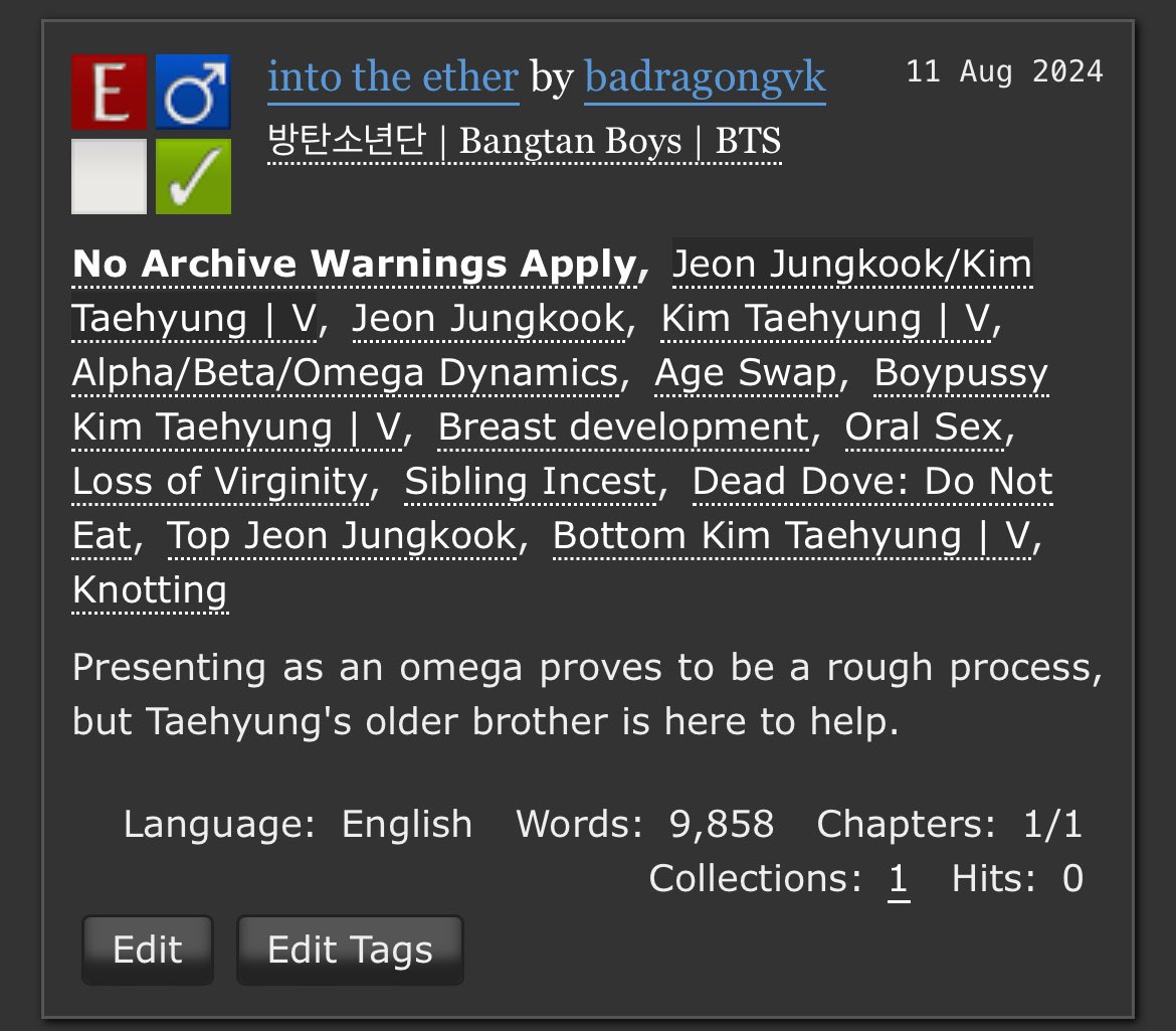 xoxovarbie's tweet photo. > into the ether 
> warnings : boypussy Tae , sibling incest , a/b/o
> written for @BTSCestFest ♥️ !!
> link : https://t.co/J3BoFmX6CB https://t.co/j4gbBnrt5i