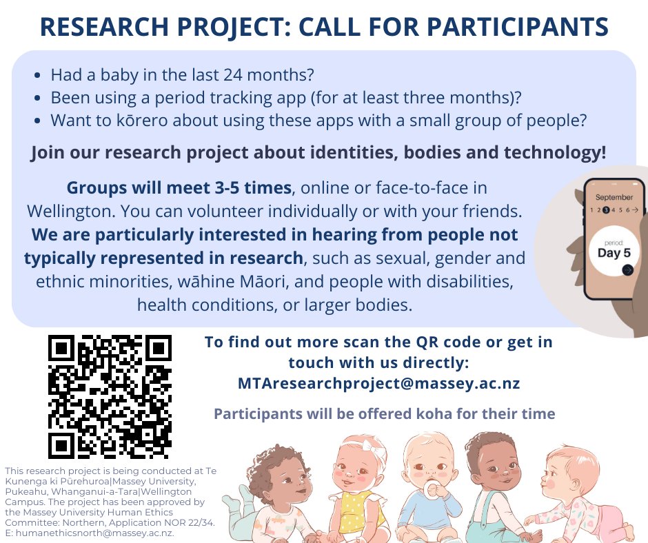 Menstruation Tracking Apps, Bodies & Identities (@trackingbodies) on Twitter photo CALL FOR PARTICIPANTS: New parents who use a menstruation tracking app🩸 We want to hear your experiences! Volunteer online or in Wellington. Email MTAresearchproject@massey.ac.nz or visit the link in our bio. #research #masseyuniversity #trackingapps #newzealand CALL FOR PARTICIPANTS: New parents who use a menstruation tracking app🩸 We want to hear your experiences! Volunteer online or in Wellington. Email MTAresearchproject@massey.ac.nz or visit the link in our bio. #research #masseyuniversity #trackingapps #newzealand