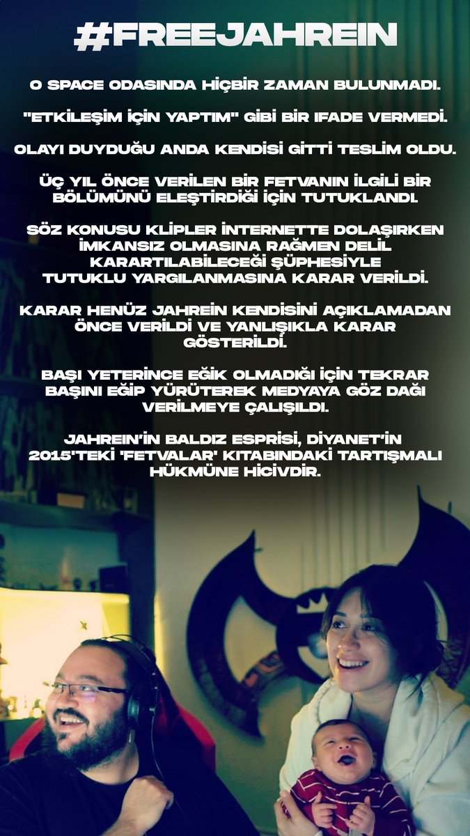 Yayıncımızı geri istiyoruz! Üzerine atılan iftiralardan dolayı 3 gündür çok sevdiği eşinden, oğlundan ve köpeklerinden ayrı bırakılmıştır. Haber kanalları bile göz göre göre yalan haber yapıp üzerine bu haberleri henüz düzeltmemiştir.#freejahrein #AhmetSonuçSerbestBırakılsın