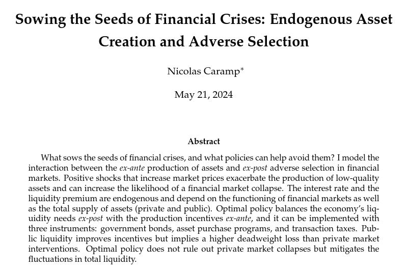 ``What sows the seeds of financial crises and what policies can help avoid them? This paper models the interaction between the ex-ante production of assets and ex-post adverse selection in financial markets."

Recently accepted to REStud, from <a href="/nicocaramp/">Nicolás Caramp</a>

restud.com/sowing-the-see…