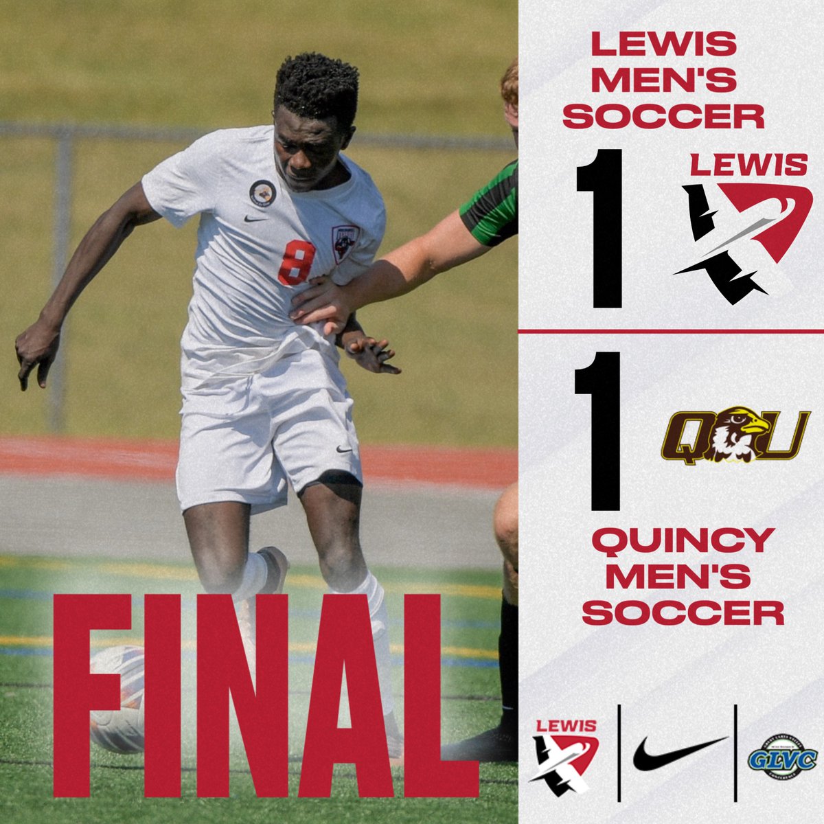 FINAL

@lewismsoccer 1
Quincy 1

Lewis will be back in action Friday, September 20 for its @glvcsports home opener against Upper Iowa starting at 7:30 pm! Be sure to join us for Pediatric Cancer Awareness Night!  #FlyAsOne
