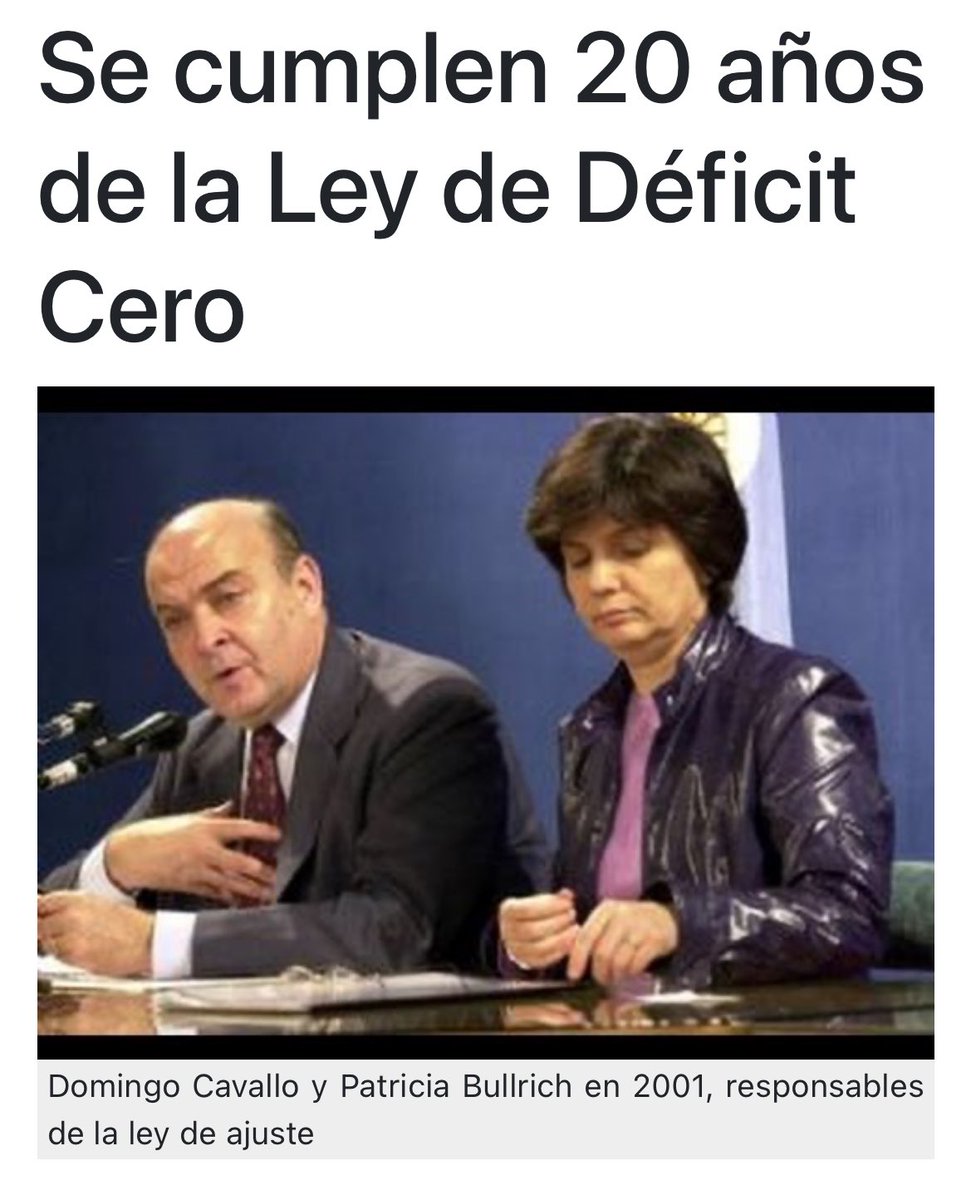 Andy_TToledo's tweet image. En el 2001, Cavallo y Bullrich anunciaban la LDC o “Ley de Déficit Cero” en donde establecían que el gasto público no podía superar la recaudación. Si ese fuera el caso, todos los gastos debían reducirse de manera proporcional y automática, incluyendo partidas como las…