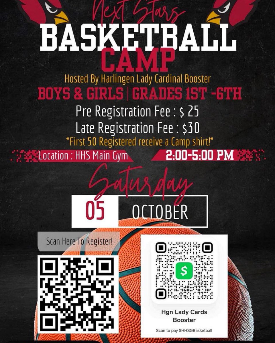 🚨Basketball Camp Registration🚨
📆C0-ED Basketball Camp, October 5th
💰Early Registration $25
💰Late Registration $30
⛹🏻‍♂️Boys in grades 1st-6th 
⛹🏻‍♀️Girls in grades 1st-6th
<a href="/MemorialRaiders/">Memorial_Raiders</a> <a href="/GMSAS_Jaguars/">Gutierrez Middle School</a> <a href="/VernonMSWLA/">Vernon MS World Languages Academy</a> <a href="/Dishmanelem/">Dishman Elementary</a> <a href="/LongElem_HCISD/">LongElem_HCISD</a> <a href="/BonhamSchool/">Bonham Elementary Redbirds</a> <a href="/LeeMeans8/">LeeMeansElementary FineArtsAcademy</a>