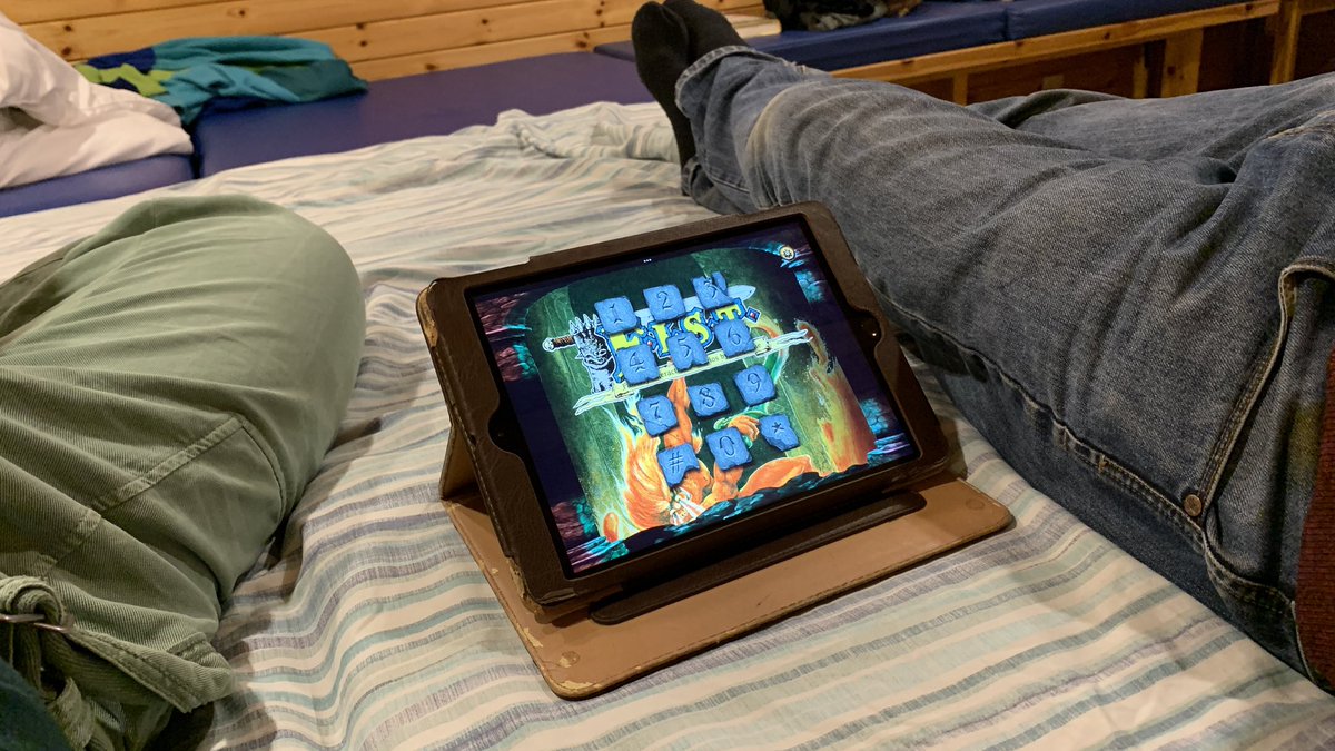 What else is one to do on a weekend away?
Playing with <a href="/SoundRealms/">Sound Realms</a> re-release of Steve Jackson’s F.I.S.T. bought at last week’s #FFF5. We ended our adventure petrified by a Stone Finger Beast. Now basking in the post-romp glow while we get the strength up to go again ;)