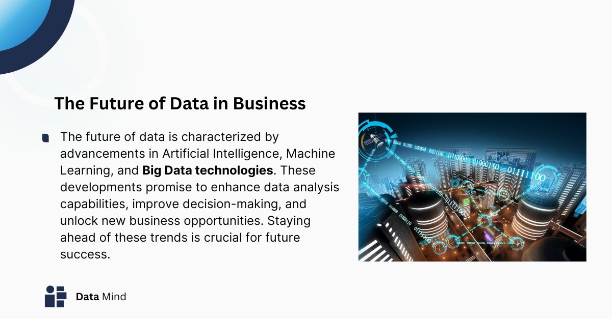 The future of data is powered by AI, Machine Learning, and Big Data. These advancements will supercharge analysis, improve decision-making, and open new business opportunities. Staying ahead of these trends is key to success! #datamind #datatalks