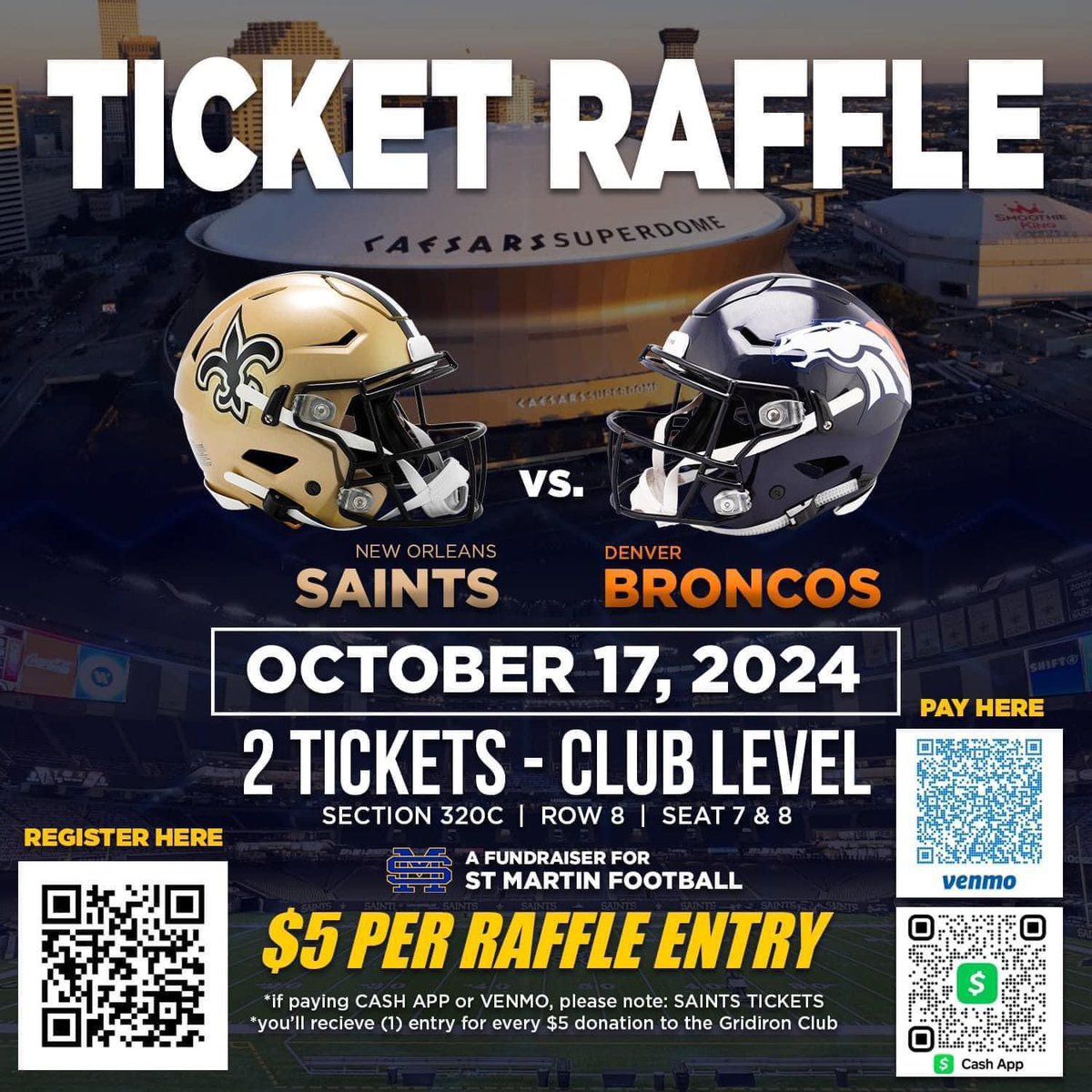 LAST DAY TO PURCHASE IS WEDNESDAY!!
AND THE SAINTS ARE IN 1st PLACE!

$5 Per Entry!

🏈 ⚜️SAINTS vs BRONCOS
Enter for your chance to win.

📅 GAME: Oct 17, 2024 | 7:15pm Kick-Off 
💺SEATS: Club Level Sec 320C Row 8 Seats 7&amp;8

Register Here: docs.google.com/forms/d/e/1FAI…