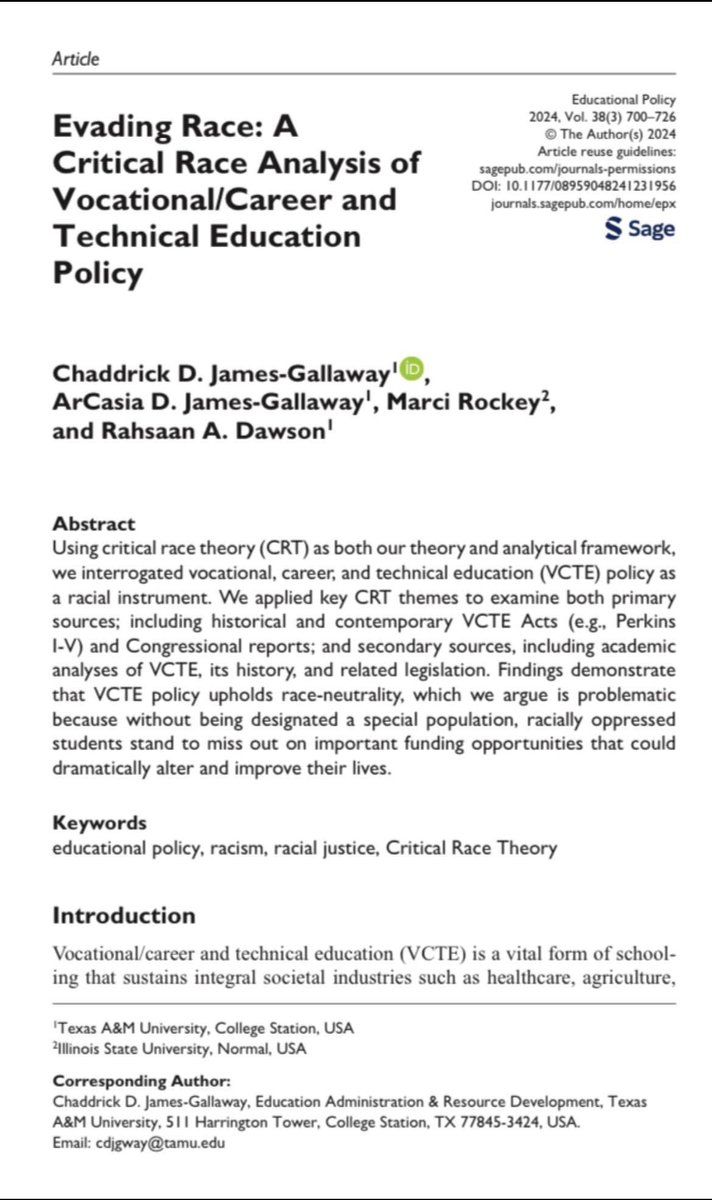 4/ Collaborated on a paper, “Evading Race: A Critical Race Analysis of Vocation/Career and Technical Education,” that calls out the blatant ways programs for some of the most vulnerable groups continue to ignore the importance of race in determining who needs crucial funding.