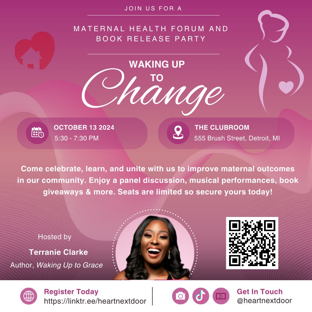 heartnextdoor's tweet photo. ✨ Only 15 days left until the book release! ✨ Calling all moms and maternal health allies in the Detroit metro area—join us for a night of empowerment, connection, and change. Can't make it in person? Don't worry, we'll be streaming live. Can’t wait to see you there 💖 #Detroit https://t.co/qlcm32fNwU
