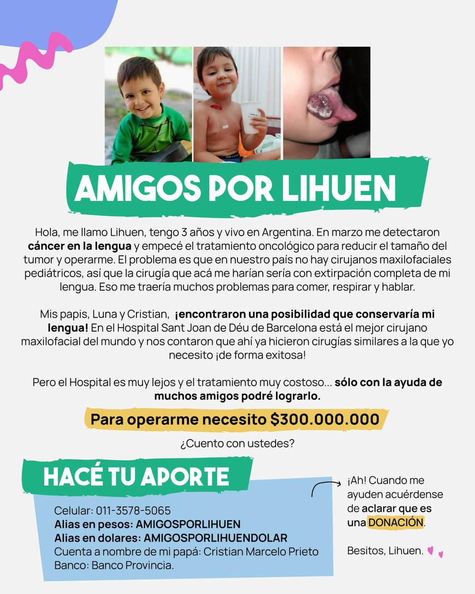 Si somos muchos voy a poder viajar a Barcelona para operarme.

¿Me ayudas? ❤️

Alias en pesos: AMIGOSPORLIHUEN
Alias en dolares: AMIGOSPORLIHUENDOLAR
Celular: 11 3578-5065

#AmigosPorLihuen