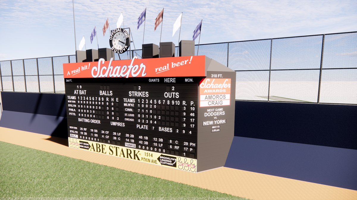 SportsBandbox's tweet photo. The scoreboard line at Ebbets Field as it looked on May 12, 1956 after Carl Erskine no-hit the NY Giants. Wanted creatively to work Erskine into the project and thought it would be good tribute after his passing at age 97 earlier this year. #Brooklyn #Dodgers #Oisk #NoHitter https://t.co/wB0uIFqQNx