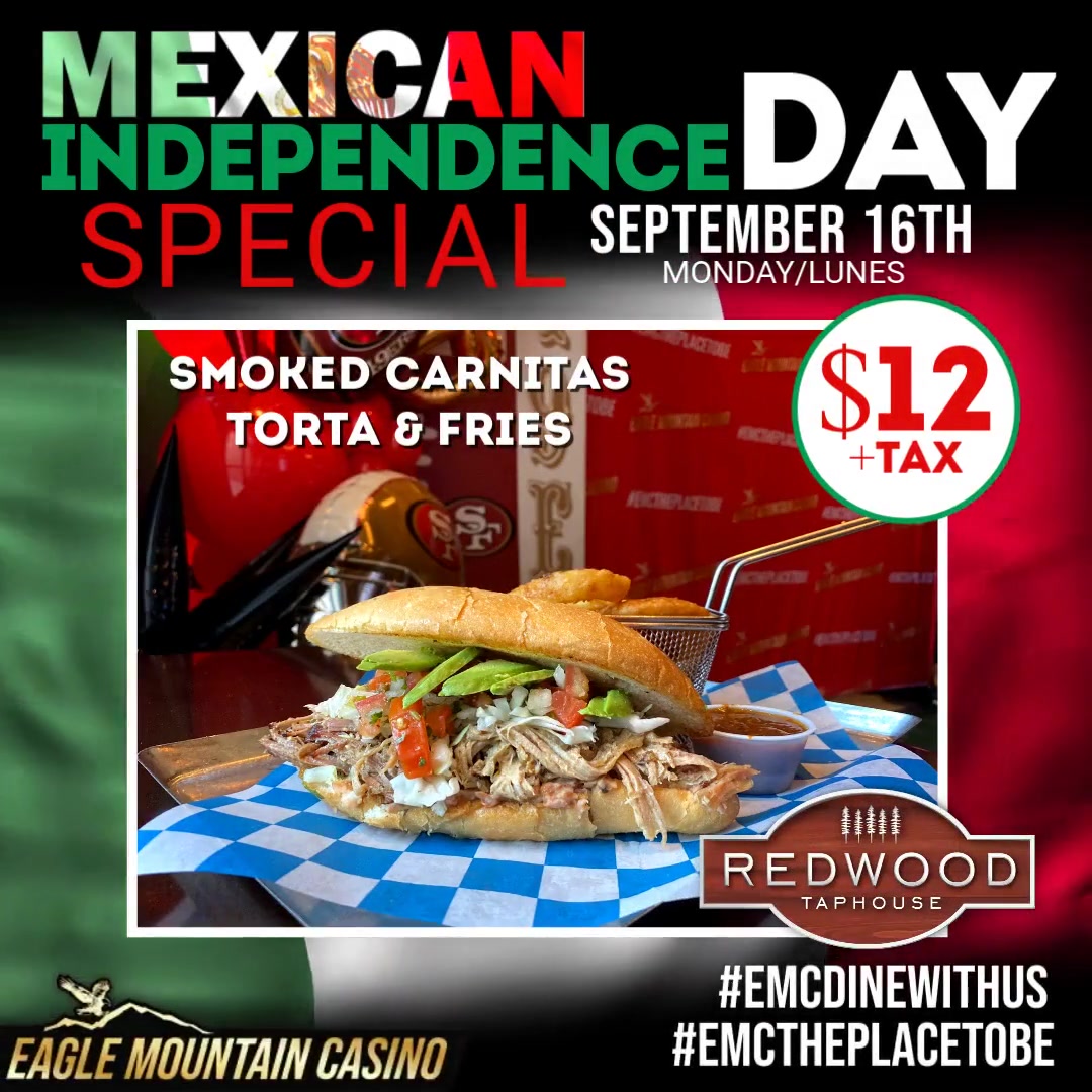 EagleMtnCasino's tweet photo. 🇲🇽🎉 **Celebrate Mexican Independence Day with Us!** 🎉🇲🇽 

Join us TOMORROW at **The Redwood Taphouse, The Acorn Diner, and The Cedar Food Court** to savor the delicious flavors of our SPECIALS in honor of this vibrant holiday! 

✨ Enjoy authentic dishes that will trans ... https://t.co/nwvIKHl6hk