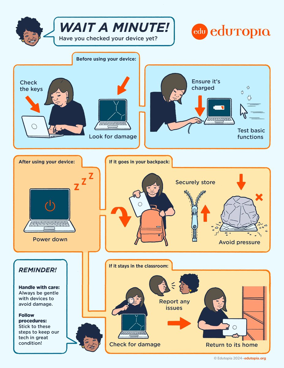 Teaching students how to tend to their tech? Our new, downloadable infographic can remind them how to properly take care of school devices. Get it here: edut.to/3MA8hsa
