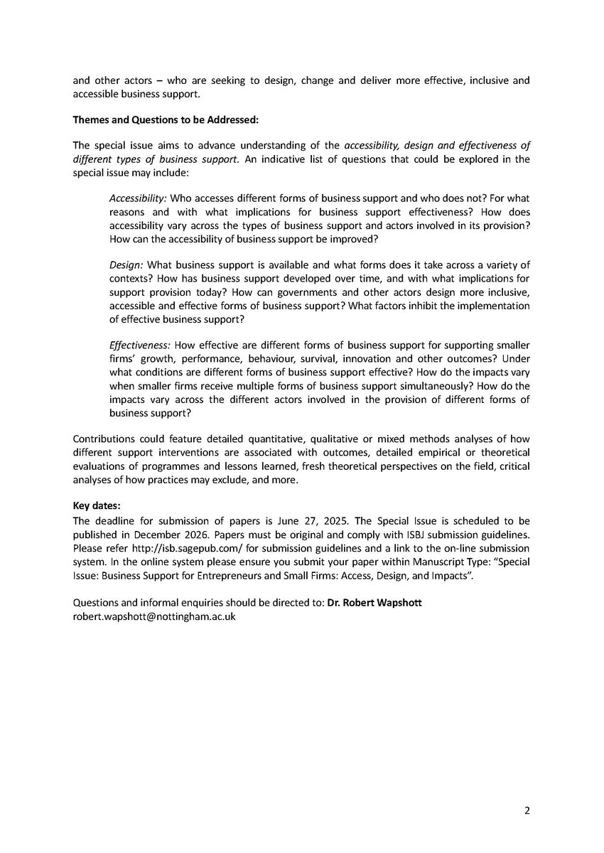 🚀 Call for Papers! 🚀

🌟 Special Issue: Business Support for Entrepreneurs and Small Firms: Access, Design, and Impacts.

📝 Submit your papers by: June 27, 2025
🗓️ Publication date: December 2026

hashtag#Entrepreneurship hashtag#SmallBusiness hashtag#BusinessSupport
