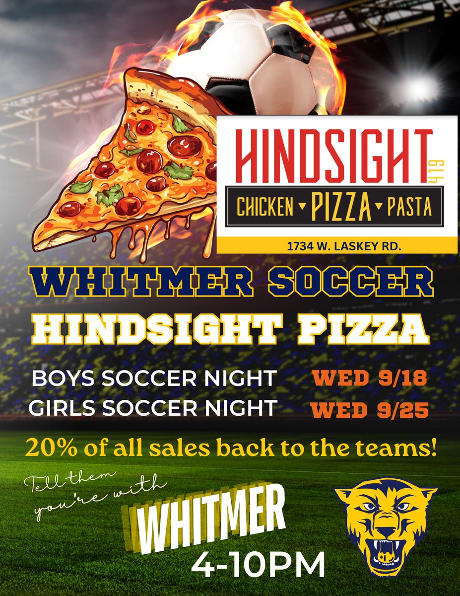 BOOK YOUR WEDNESDAYS! Come support <a href="/Whitmer_Soccer/">Whitmer Men's Soccer</a> and <a href="/WhitGirlsSoccer/">Whitmer Girls Soccer</a>!