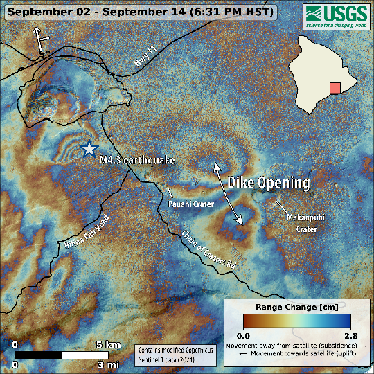 USGSVolcanoes's tweet image. #ESA #Sentinel-1A #interferogram of #Kīlauea showing ground deformation during Sep. 2-14. Signals include dike intrusion between Pauahi and Makaopuhi Craters and rupture of a caldera-bounding fault associated with the M4.3 EQ on September 14.

More at ow.ly/OLGr50TnNrK