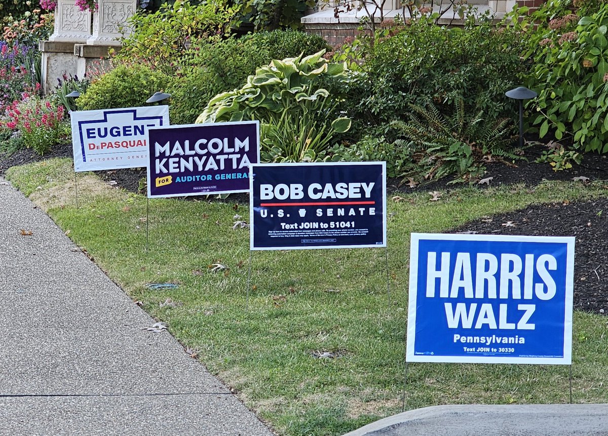 NatYapPGH's tweet photo. Knocked more doors, talked w/more voters, planted more signs.

I asked a 60-something Republican why she's voting Harris: "I don't agree with her on everything. I consider myself center-right. But as Liz Cheney said, 'The rule of law matters.' That's why I'm voting Harris." https://t.co/m770pT27Se
