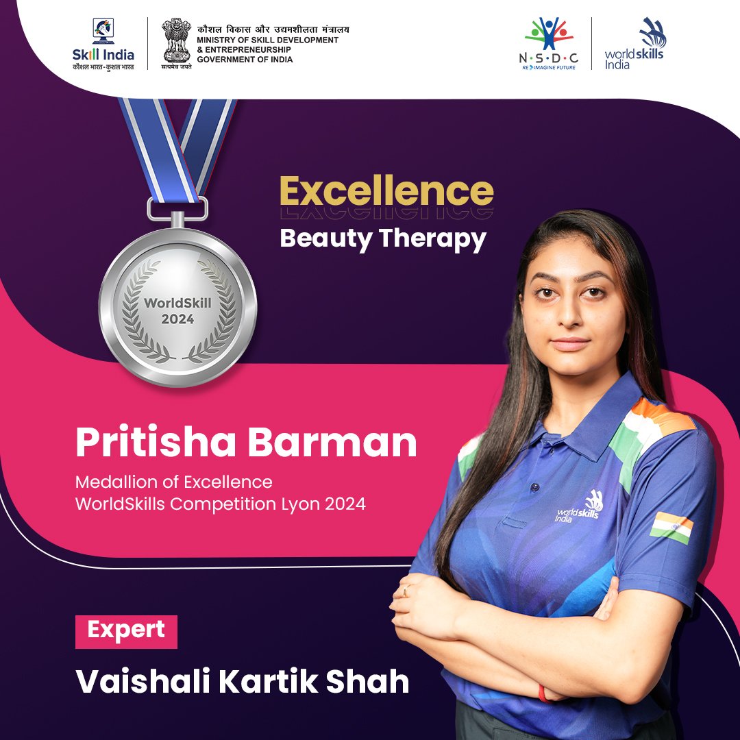 India shines at WorldSkills with a Medallion for Excellence in Beauty Therapy!

Kudos to Pritisha Barman for representing India with such grace and precision. Your artistry in beauty therapy has turned heads on the international stage, setting a new standard of excellence.