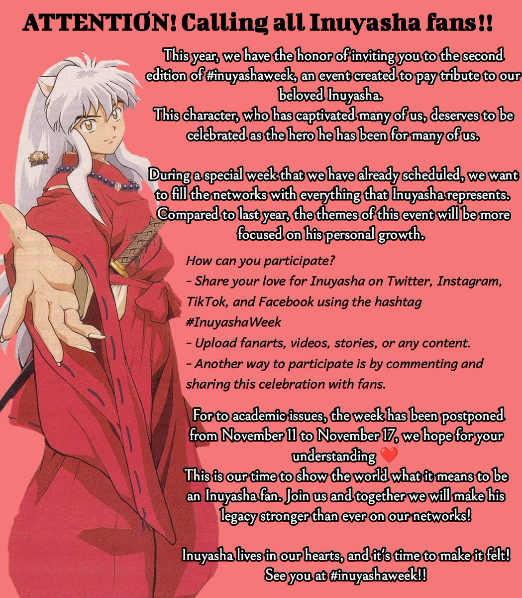 Inuprincipe's tweet photo. #InuyashaWeek
This year, we're preparing something amazing to honor the bravest and most beloved Hanyou: Inuyasha! From November 11th to 17th, we'll be celebrating a week dedicated entirely to this character, and we need your inspiration and creativity to make it unforgettable. https://t.co/gTQqpcliQN