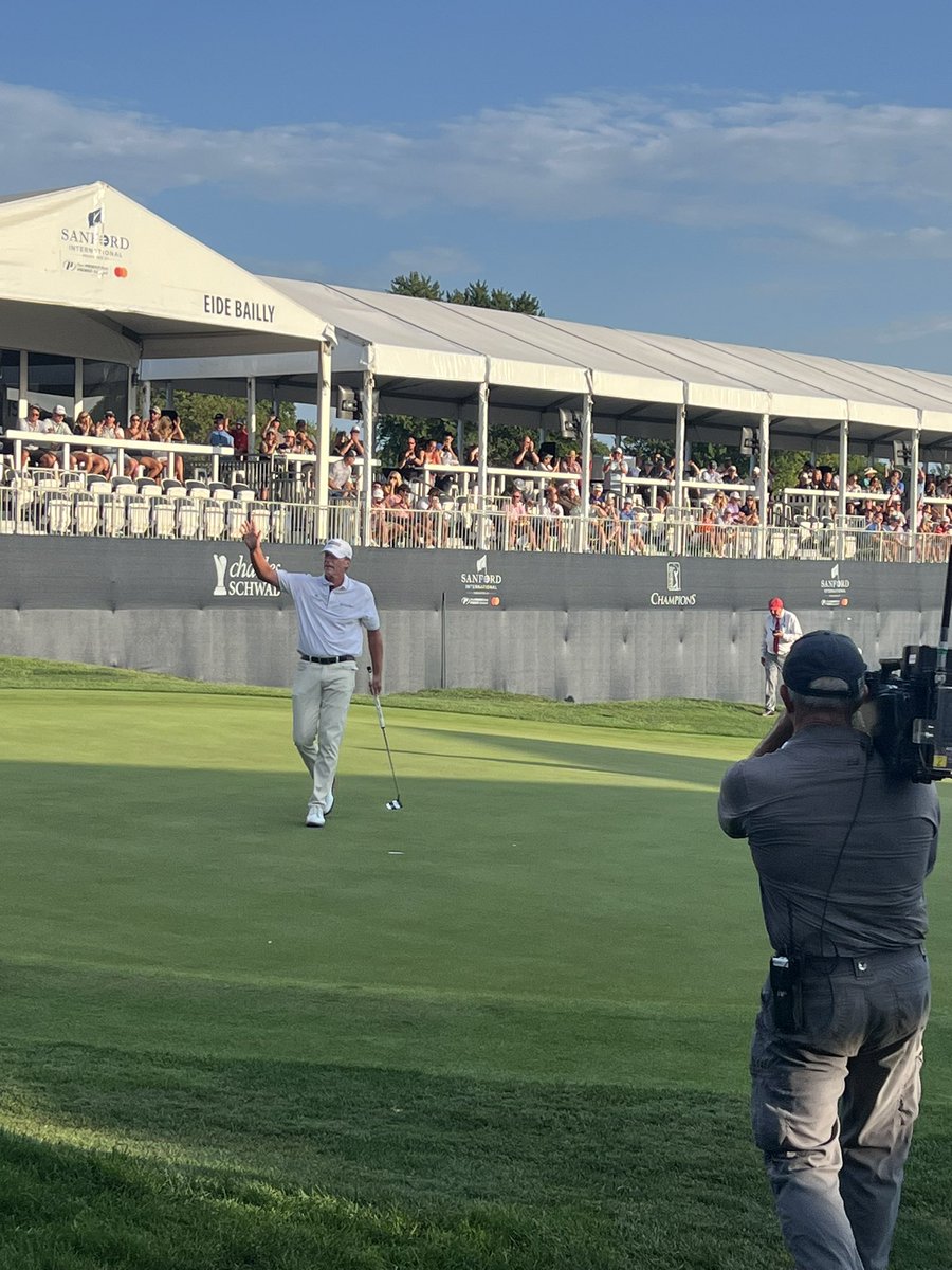 On the fourth playoff hole, after nearly holing out for an eagle on his second shot with the ball hitting the cup, Steve Stricker makes birdie to defeat Richard Green and win his third straight <a href="/SanfordIntl/">Sanford International</a> , fourth overall.  Wow.  (<a href="/ChampionsTour/">PGA TOUR Champions</a> )