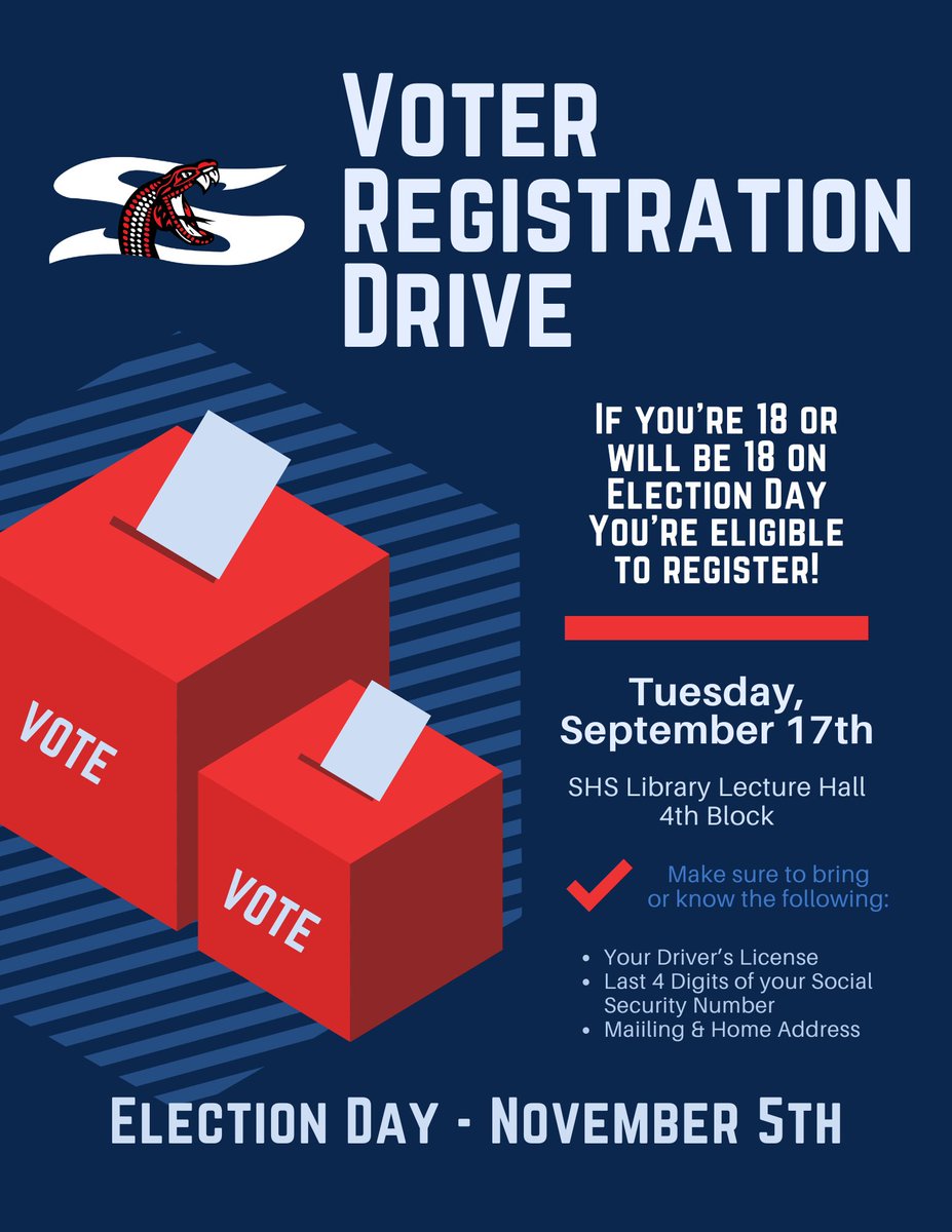 SharyHistClub's tweet photo. Celebrate Constitution Day this Tuesday, by registering to vote in our Fall Voter Registration Drive! https://t.co/bGIsZ38JIL