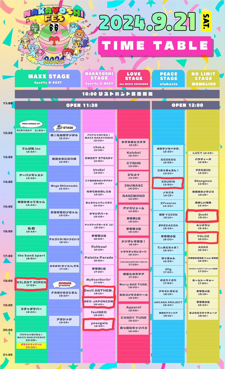 rioka0808's tweet photo. NAKAYOSHI FES.のタイテ、こんな感じかな。
特典会、廻せるか心配。。。
#KOURiN
#Quubi #きゅうび 🦊
#YOLOZ
#SILENTSIREN #サイサイ #サイサイしか #SAYN #Chateau
#デビアン
#ネオジャポ
#yosugala https://t.co/pstt1eHsrW