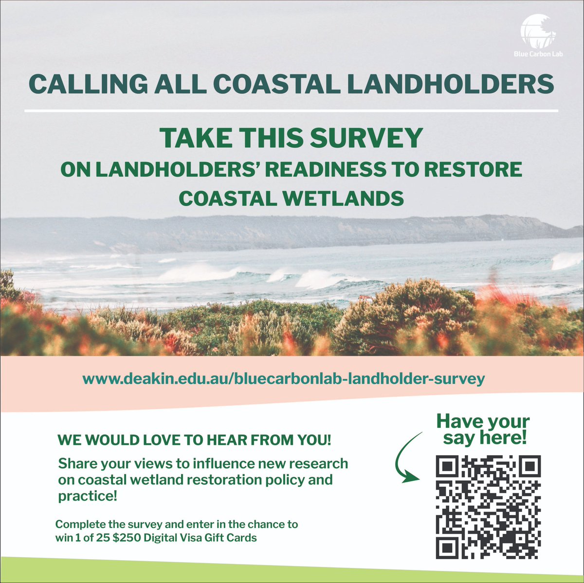 🌊🏠 Attention Australian coastal landholders - have you participated in our nation-wide landholder survey on #coastalwetland restoration? If you haven’t had the chance yet, our survey is still open!

🔗Survey: deakin.edu.au/bluecarbonlab-…