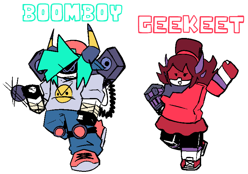 Phunkin_FNF's tweet photo. I don't have any good ideas for a pinned tweet so uhhh have Boomboy and Geeket. our BF and GF for the mod!

maybe we will drop lore about them soon idk

(Art by So2007nic) https://t.co/1WnukR3eQK