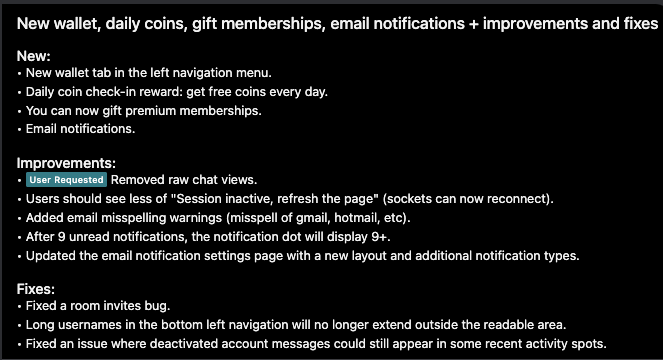 pChat_com's tweet photo. #pChat Update:
New wallet, daily coins, gift memberships, email notifications + improvements and fixes. https://t.co/ORTBM1qnCK