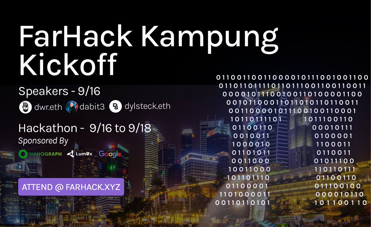 lucianodeangeIo's tweet photo. Really excited for FarHack Kampung Kickoff in an hour🚀

Huge thank you to our speakers @Dylan_Steck @dabit3 @dwr and our partners @nanographxyz @Lum0xdata @Google 

Join us on our livestream at 9pm EST (9pm GMT+8) https://t.co/QHbAO5lS6n