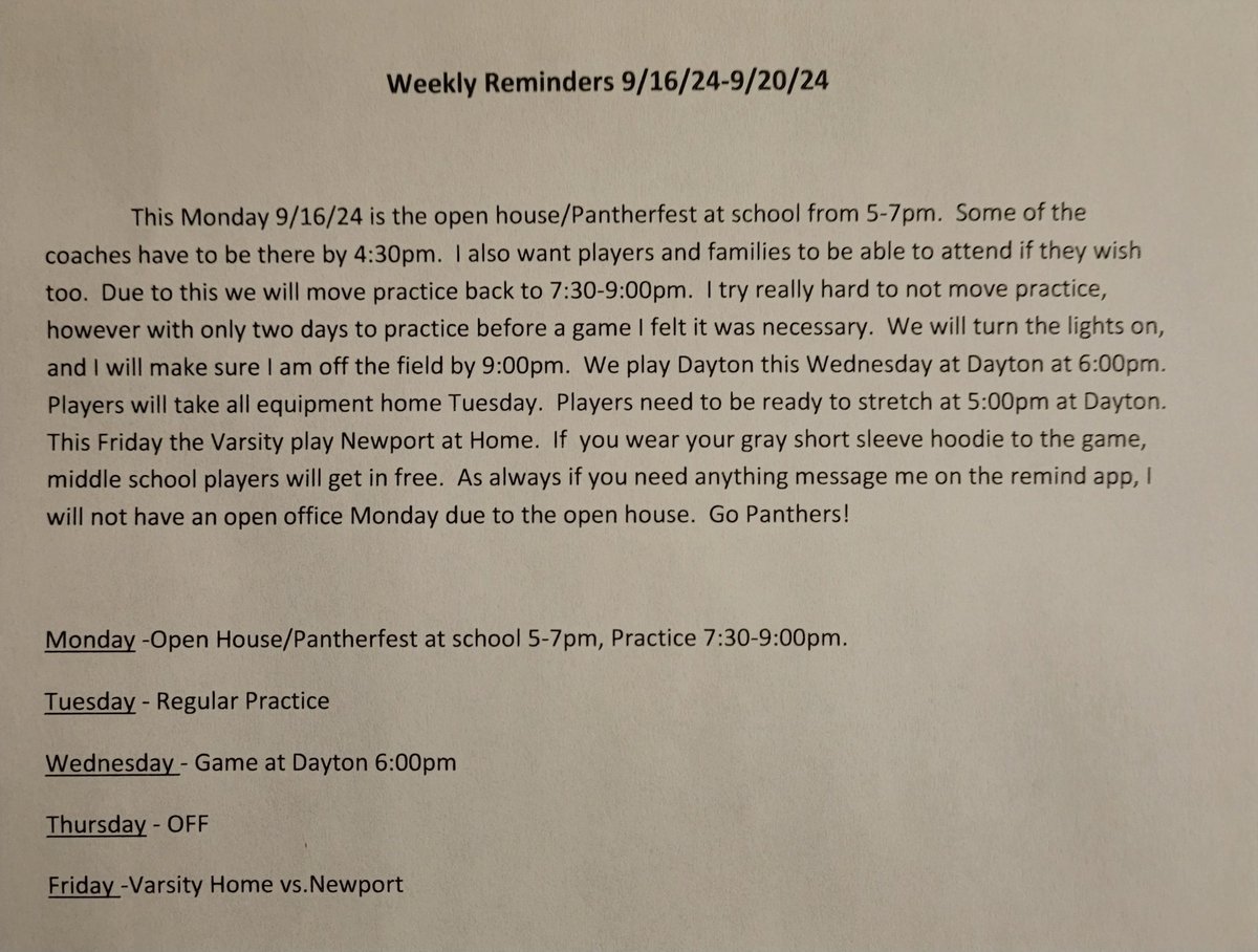 LMSFBALL's tweet photo. Weekly Reminders &amp; Updates
Please note the change to Monday due to Pantherfest. https://t.co/tHk1mn23zy