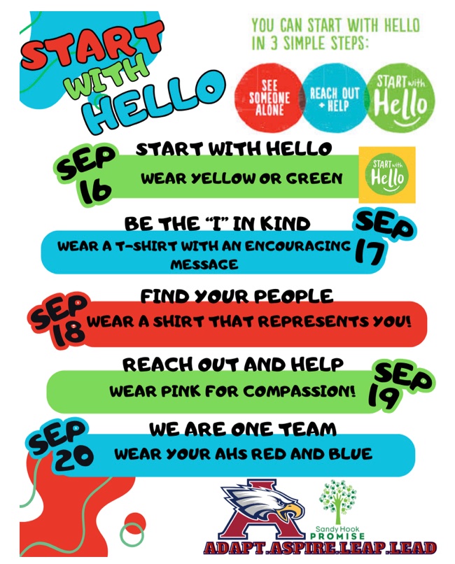 AHS will be celebrating Start With Hello Week 9/16-9/20!! Join us as we promote kindness and student connection the 🅰️ way! Wear Green or Yellow 💚💛 #GoBeyond #AHSStartWithHello