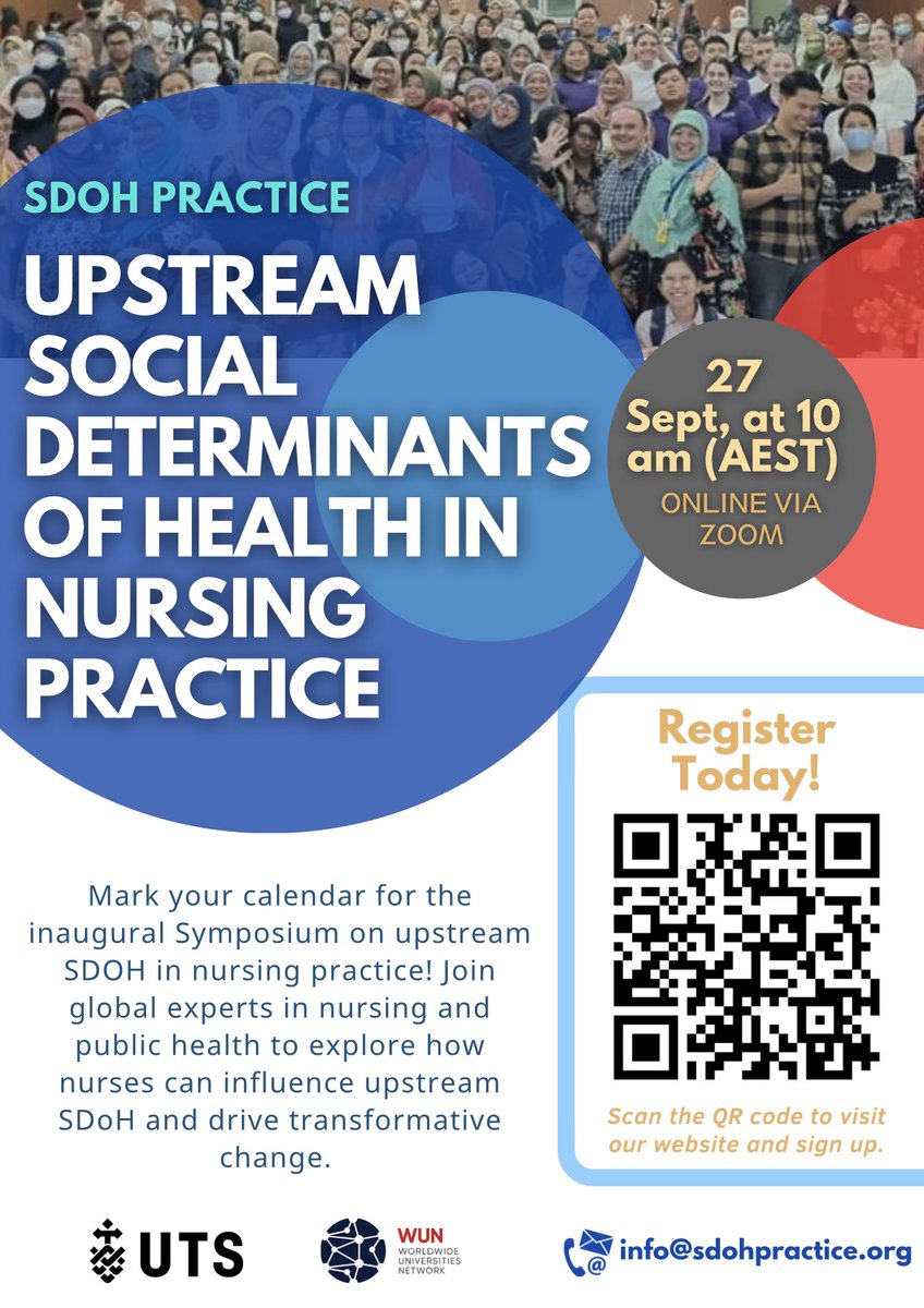 WHOCC Nursing, Midwifery & Health Development UTS (@whocc_uts) on Twitter photo We are thrilled to announce the Inaugural Symposium on Upstream Social Determinants of Health (SDoH) in Nursing Practice - September 27, 2024, at 10 AM (AEST)! Scan the QR code or visit our website to register today. Questions? info@sdohpractice.org
<a href="/utsSoNM/">UTS School of Nursing & Midwifery</a> <a href="/UTS_Health/">UTS Health</a> #SDoH We are thrilled to announce the Inaugural Symposium on Upstream Social Determinants of Health (SDoH) in Nursing Practice - September 27, 2024, at 10 AM (AEST)! Scan the QR code or visit our website to register today. Questions? info@sdohpractice.org
<a href="/utsSoNM/">UTS School of Nursing & Midwifery</a> <a href="/UTS_Health/">UTS Health</a> #SDoH