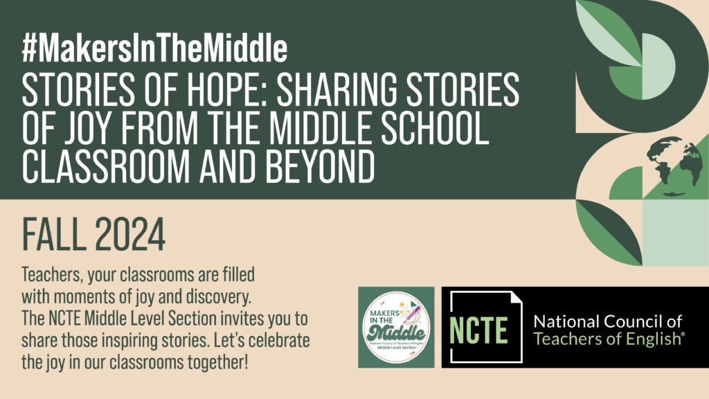TCTELA est. 1965 (@tctela) on Twitter photo Teachers, your classrooms are filled with moments of joy and discovery.
Our parent affiliate, <a href="/ncte/">National Council of Teachers of English (NCTE)</a>’s Middle Level Section wants you to share those inspiring stories via “Stories of Hope.”
To learn more about this opportunity, visit: ncte.org/sharing-storie…
#NCTEvillage #TCTELA Teachers, your classrooms are filled with moments of joy and discovery.
Our parent affiliate, <a href="/ncte/">National Council of Teachers of English (NCTE)</a>’s Middle Level Section wants you to share those inspiring stories via “Stories of Hope.”
To learn more about this opportunity, visit: ncte.org/sharing-storie…
#NCTEvillage #TCTELA