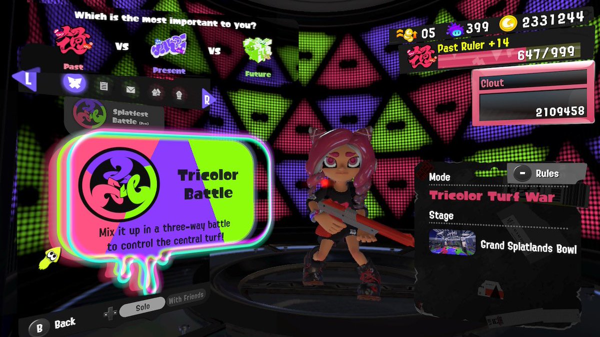 BrandyAki's tweet photo. GOAT 3 days of Tricolor! Over 2.1 million clout for Team Past! Played over 500 matches. 40 wins out of 49 games history; over 80% win rate as usual. Grandfest is the once in a lifetime PEAK splatfest! 🦑 #TeamPast #Grandfest #GrandFestival #Tricolor #Splatoon3 https://t.co/sYriNA1nm8
